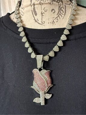Pavé Pink Rose Pendant Necklace in Silver Tone - Women Jewelry